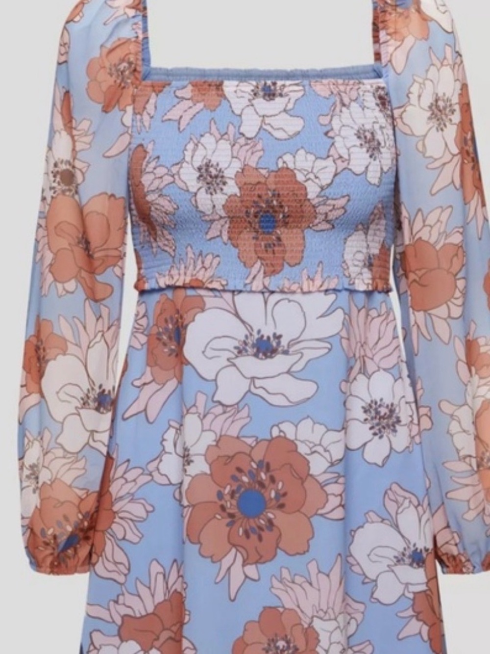 Wilfred Sky Blue Floral Square-Neck Long Sleeve Dress with Rust Accents